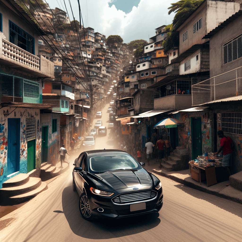 black Ford fusion, going down a narrow street inside a Brazilian favela
